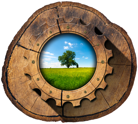 Wooden gear in a section of tree trunk with green tree in countryside, concept of green economy. Isolated on white backgroundの写真素材