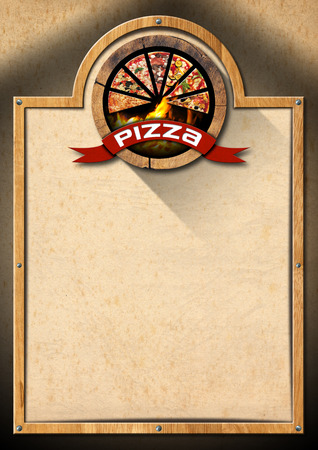 Signboard with wooden frame, empty brown old paper and symbol with slices of pizza. Template for a rustic pizza menuの写真素材