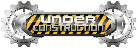 Horizontal metallic icon or symbol with gears and text under construction. Isolated on white...