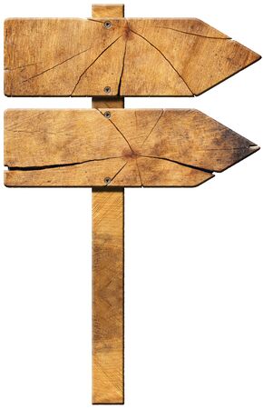 Wooden directional sign with two empty arrows in the same direction isolated on white backgroundの写真素材
