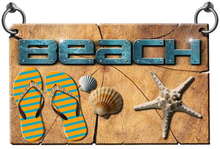 Wooden signboard hanging on to two steel ring with blue text beach, flip flops striped sandals, seashells and starfish. Isolated on white backgroundの写真素材