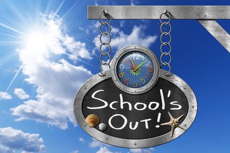 Oval blackboard with a colorful clock and text School's Out seashells and starfish. Hanging from a...