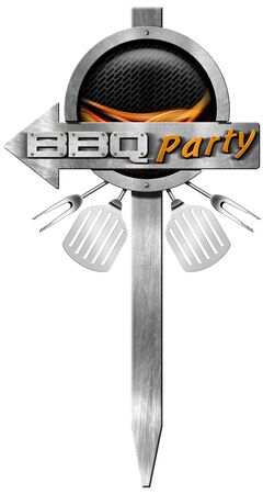 Metal directional sign with pole, arrow with text Bbq Party, metallic grill, flames, forks and spatulas. Isolated on white backgroundの写真素材