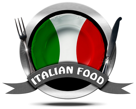 Metal icon or symbol with plate colored with the colors of Italian flag, silver cutlery, text Italian Food. Isolated on white backgroundの写真素材