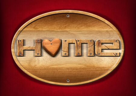 Wooden oval frame with text Home and wooden heart, on red velvet background. Home sweet home conceptの写真素材