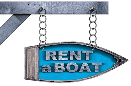 Wooden directional sign in the shape of row boat with text Rent a Boat. Hanging from a metal chain, isolated on whiteの写真素材