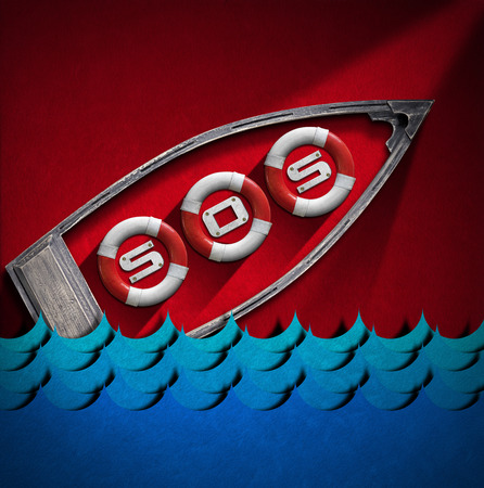 Red and white lifebuoys in a small wooden boat with text SOS and blue sea waves in a red velvet background. Help conceptの写真素材