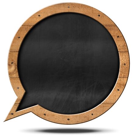 Empty blackboard with wooden frame in the shape of a speech bubble with nails. Isolated on white backgroundの写真素材