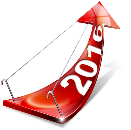 Red arrow with year 2016 tending upwards, the concept of economic successの写真素材