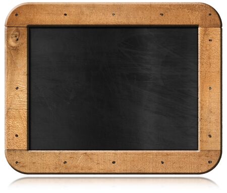 Old blank blackboard with wooden rectangular frame and nails. Isolated on white backgroundの写真素材