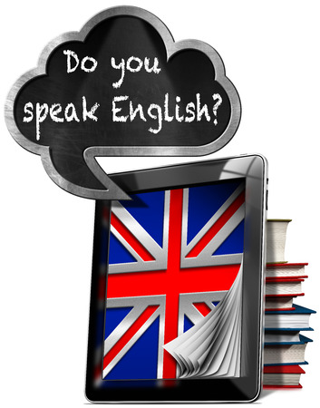 Tablet computer with pages and uk flag, speech bubble in the shape of cloud with text Do you speak English Isolated on white backgroundの写真素材