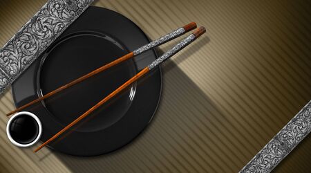 Asian menu with two chopsticks, black plate and a bowl of sauce. On a brown corrugated background with silver floral bandsの写真素材