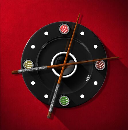 Clock composed by a black plate with wooden and silver chopsticks in the place of the clock hands and four sushi rolls. On a red velvet backgroundの写真素材