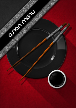 Template for an Asian menu with wooden and silver chopsticks, black plate and a bowl of sauce. On a red black and grey backgroundの写真素材