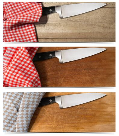 Collection of three kitchen banners with empty wooden table partially covered with checkered tablecloth and kitchen knife. Isolated on whiteの写真素材