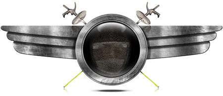 Illustration of a round metallic symbol with a fencing mask, two fencing foils and metal wings....