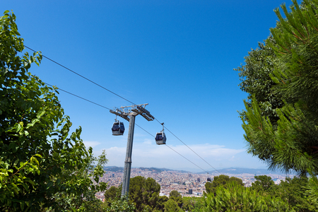 Cableway to Montjuic and panoramic view of the Barcelona city. Catalonia (Catalunya), Spain