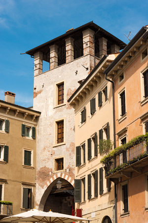 Ancient tower (1300 A.D.) of defense and access to the Ponte Pietra (Stone Bridge) in Verona   Veneto, Italyのeditorial素材