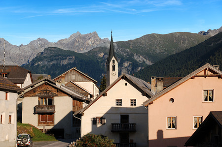 The small ancient village of Guarda with the Swiss Alps. Scuol, Engadine Switzerland, Europeの写真素材