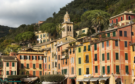 Detail of the small town of Portofino with the colorful houses and the bell tower of the church of St. Martin. Genova, Liguria, Italyの写真素材