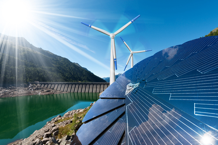 Renewable Energy - Sunlight with solar panel. Wind with wind turbines. Rain with dam for hydropowerの写真素材