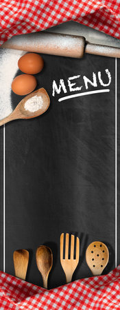 Empty blackboard with text Menu, flour, eggs, rolling pin, wooden kitchen utensils and red and white checkered tableclothの写真素材