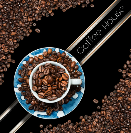 Template for a coffee house menu with a cup with roasted coffee beans. On a black backgroundの写真素材