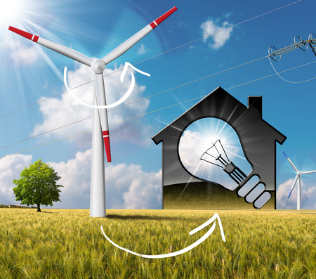 3D illustration of a model house with a light bulb, wind turbines and a power line on a blue sky with clouds, sun rays. In countryside with a tree - Renewable energies conceptの写真素材