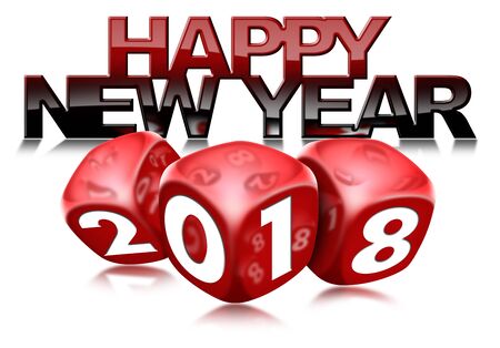 3D illustration of three red dice with the number 2018 and the happy new year text. Isolated on...