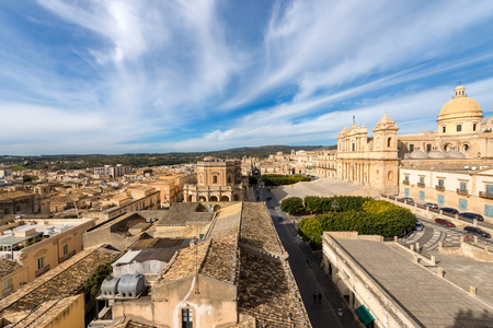 Cityscape of Noto with the cathedral of St. Nicholas of Myra (San Nicolo), small town near Syracuse (Siracusa), Sicily island, Italy, Europeの写真素材