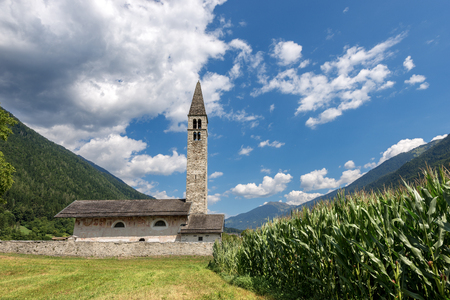 Ancient church of Sant'Antonio Abate (Saint Anthony the Abbot - XV century) in Pelugo, Rendena valley, Trento, Italy, Europeの写真素材