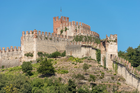 The Scala family castle (Scaligero) of the small town of Soave, X Century, Veneto, Verona, Italy, Europeのeditorial素材