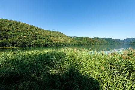 Lago di Levico (Lake), Levico Terme, Trentino Alto Adige, Italy, Europeの写真素材