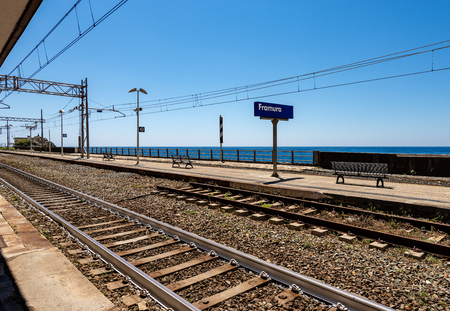 The Framura railway station with the Mediterranean sea on background. Cinque Terre, Liguria, Italy, Europeの写真素材