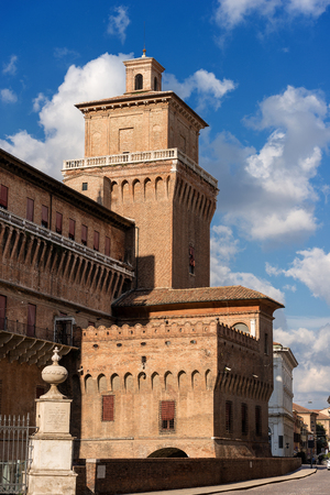 Estense Castle or Castle of San Michele (1385) with the towers. Is a moated medieval castle in the center of Ferrara, Emilia-Romagna, Italy, Europeのeditorial素材