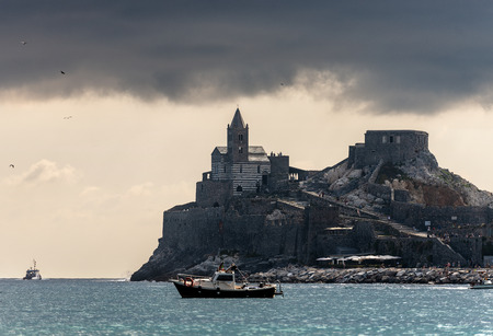 Ancient church of San Pietro (St. Peter consecrated in 1198) in Portovenere or Porto Venere, La Spezia, Liguria, Italy, Europeのeditorial素材