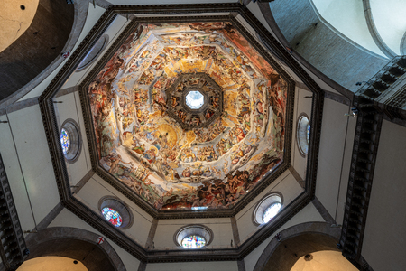 Florence Cathedral, Santa Maria del Fiore, detail of the interior of the dome with the frescoes of the Judgment Day, created by Giorgio Vasari and Federico Zuccari. Tuscany, Italyのeditorial素材
