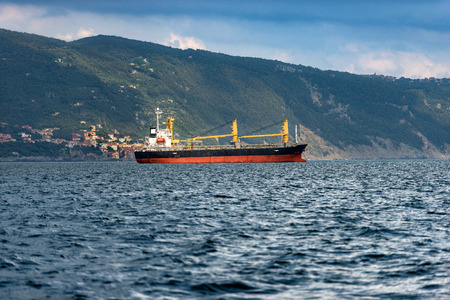 Black and red cargo ship with yellow cranes, moored in the Gulf of La Spezia, in the background the Tellaro village, Liguria, italy, Europeのeditorial素材