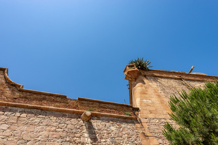 Detail of the Montjuic Castle with a sentry box (1640), ancient military fortress on the top of the Barcelona hill, Catalonia, Spain, Europeのeditorial素材