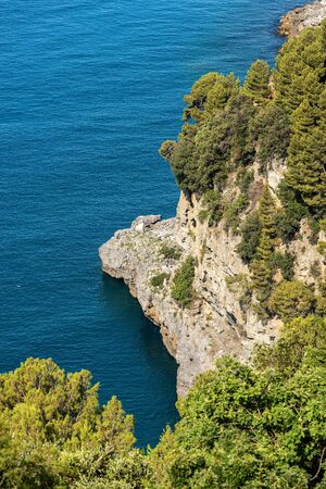 Aerial view of a cliff with the Mediterranean Sea, Gulf of La Spezia, Liguria, Italy, Europe