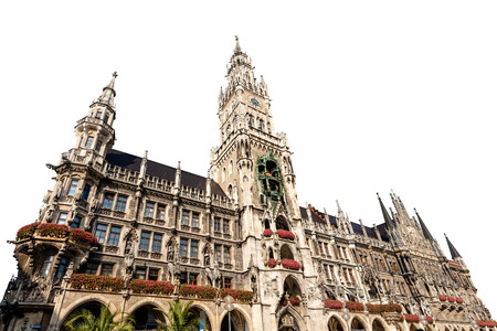 The New Town Hall of Munich isolated on white background. Neue Rathaus, XIX century neo-Gothic style palace in Marienplatz, the town square in historic center. Germany, Europeのeditorial素材