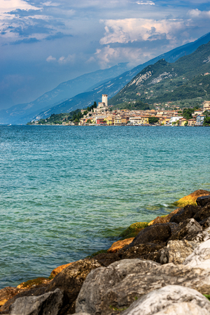 Malcesine village with the lake Garda and Alps, Veneto, Verona province, Italy, Europeのeditorial素材