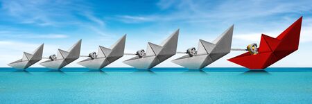Leadership concept. One red paper boat tows five white boats in a turquoise sea with blue sky and...