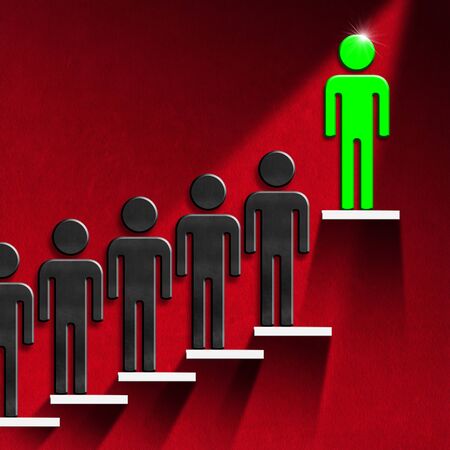3D illustration of black human figures, the highest green, on a staircase with white steps and red wall. Leadership and success conceptの写真素材