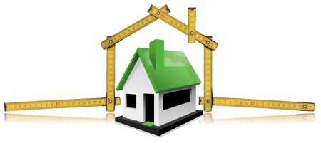 3D illustration of a model house with green roof under a wooden yellow folding ruler in the shape of a residential building, isolated on white background. Building design conceptの写真素材