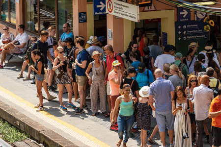 VERNAZZA, LIGURIA, ITALY - JULY 22, 2019: the Vernazza railway station crowded with tourists on a summer day. Cinque Terre, La Spezia province, Italy, Europe.のeditorial素材