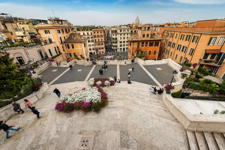 Spanish steps and the Piazza di Spagna with the Fontana della Barcaccia and the famous Via dei Condotti. Rome, UNESCO world heritage site, Latium, Italy, Europeのeditorial素材