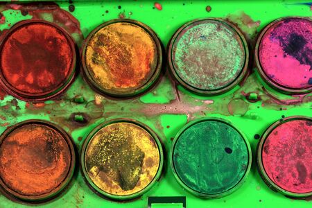 Extreme close up of an old box of watercolors paintsの写真素材