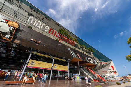 BARCELONA, SPAIN - JUN 9, 2014: exterior of the Maremagnum or Mare Magnum, large shopping mall, leisure center with shops and restaurants built at Port Vell area. Catalonia, Spainのeditorial素材