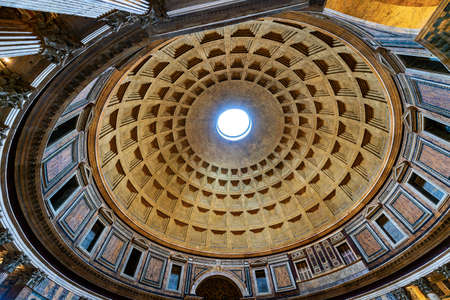 Pantheon Rome, interior detail of the marble dome. Ancient Roman temple dedicated to all the gods of the past, today a Christian basilica. UNESCO world heritage site. Latium, Italy, Europeのeditorial素材